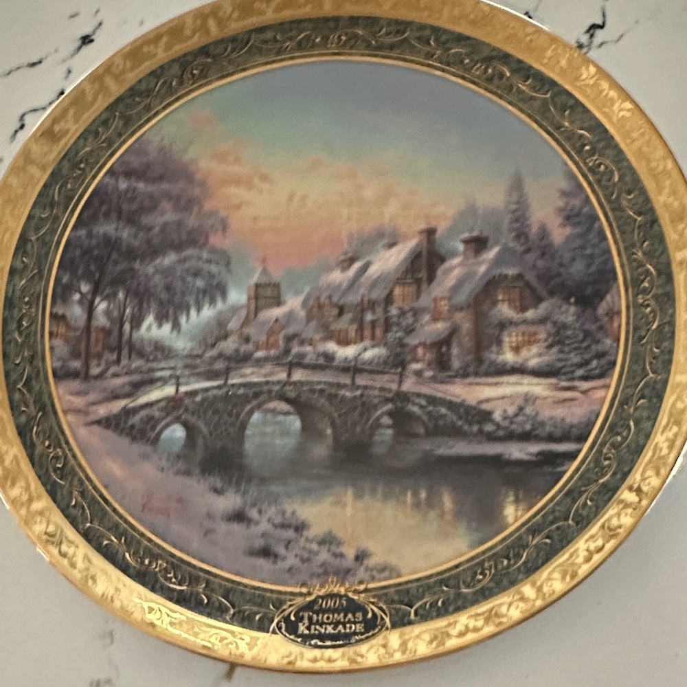 Thomas Kinkade Gold and Blue Winter Village Plate